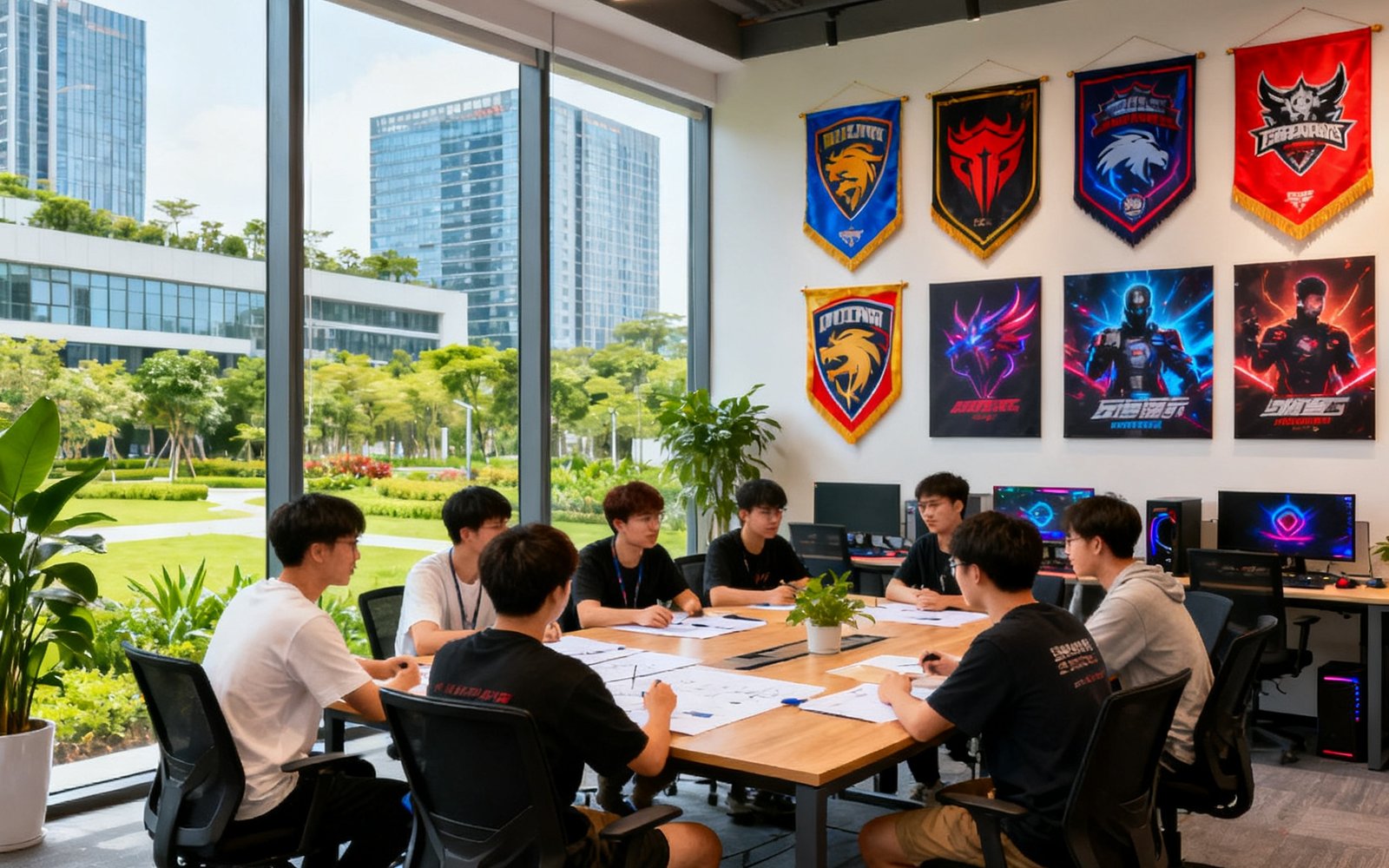 电竞牛深圳总部开放式办公区内，十几位年轻员工围坐在长桌旁热烈讨论产品方案，墙上挂着各大战队队旗和电竞海报，窗外可见科技园绿植景观和远处的高楼大厦