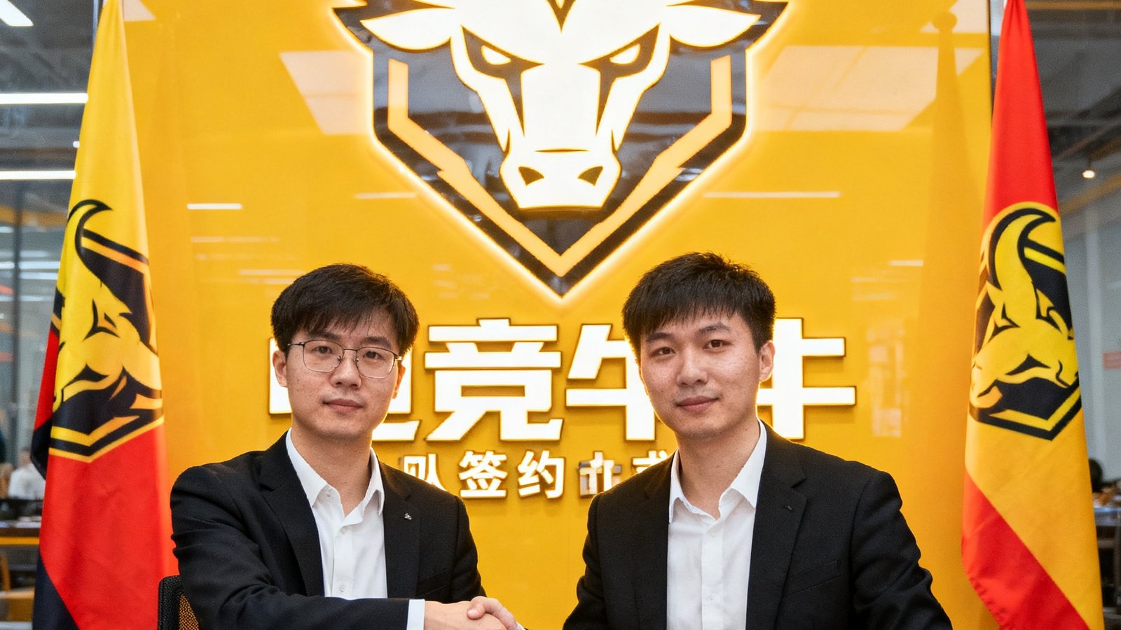 电竞牛CEO陈锐与一支知名电竞战队经理在签约仪式上握手合影，背景是巨大的电竞牛Logo墙和战队队旗，桌上摆放着正式合作协议文件