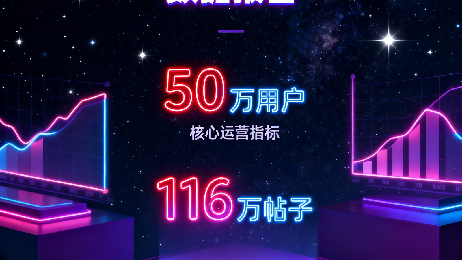 电竞牛2024年度数据报告的精美封面设计，数字和图表以霓虹灯风格呈现，背景是深色星空主题，突出展示50万用户和116万帖子等关键数据