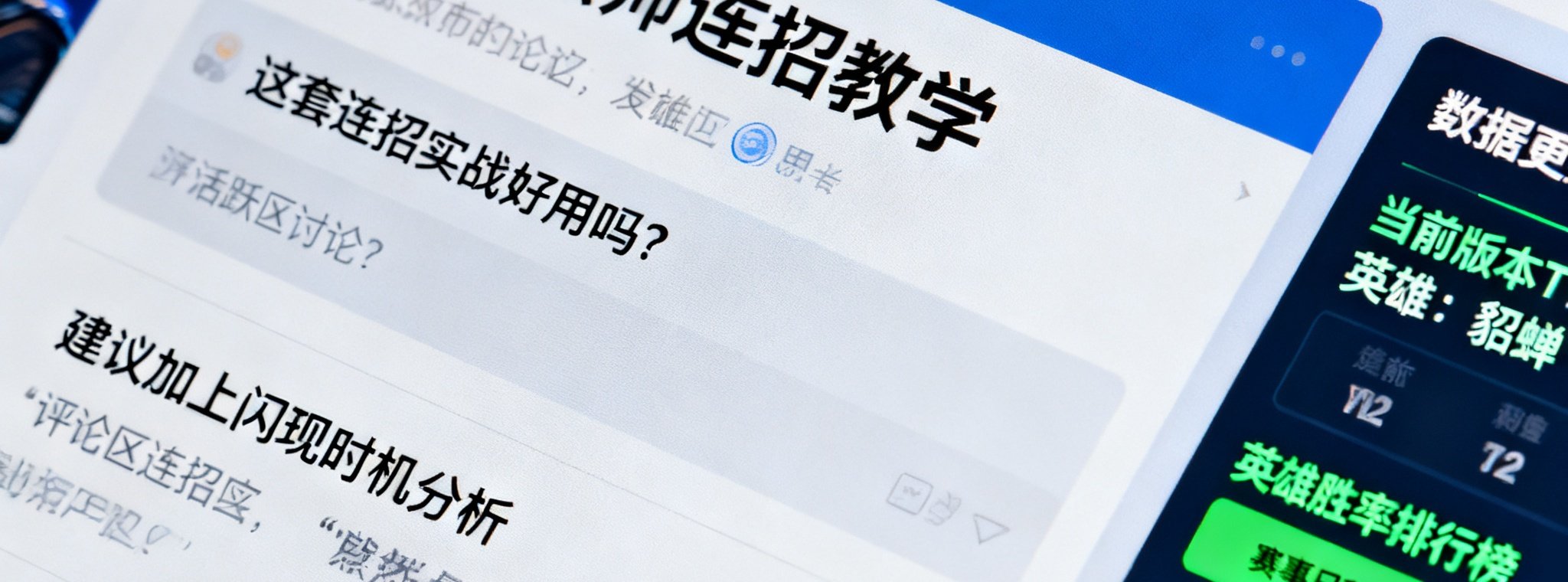 电竞牛社区网页界面的特写展示，屏幕上有玩家发布的热门攻略帖子和评论区活跃讨论，数据面板实时更新着英雄胜率排行榜和赛事日程